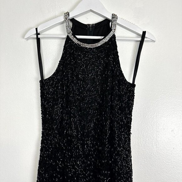 MAC DUGGAL Bugle Bead Halter Sheath Gown in Black Size US 4 - Picture 4 of 11